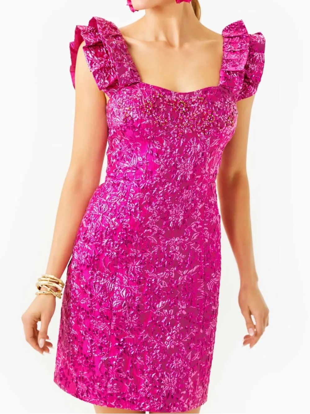 Lilly Pulitzer Hot Pink Ruffle-Shoulder Mini Dress